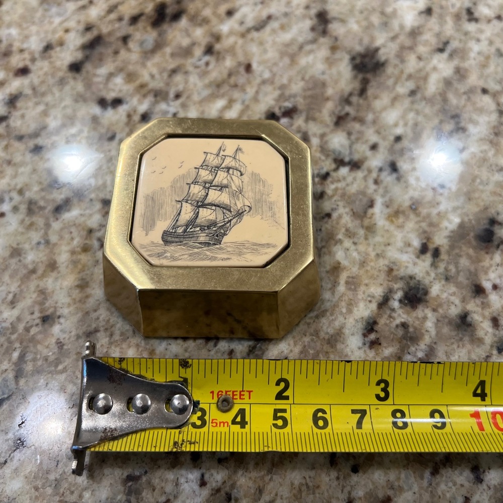 Vintage Brass Scrimshaw Sailing Ship Paperweight Nautical Maritime Desk Decor - Picture 2 of 8